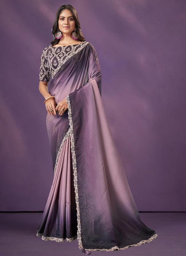 Crepe Silk Purple Wedding Wear Embroidery Work Saree